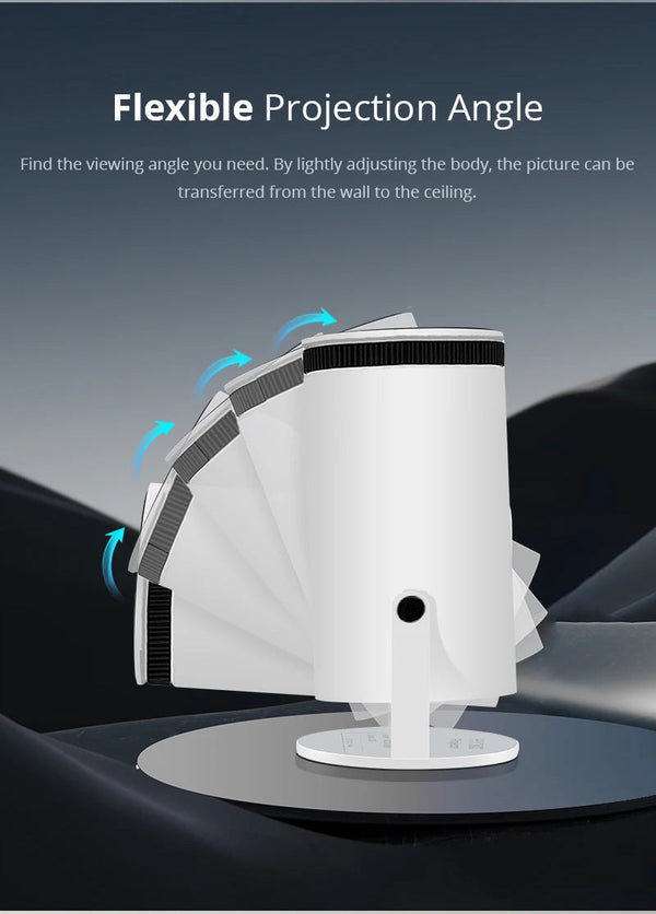Mini smart projector on its 180° stand, which aims at a wall, window or ceiling