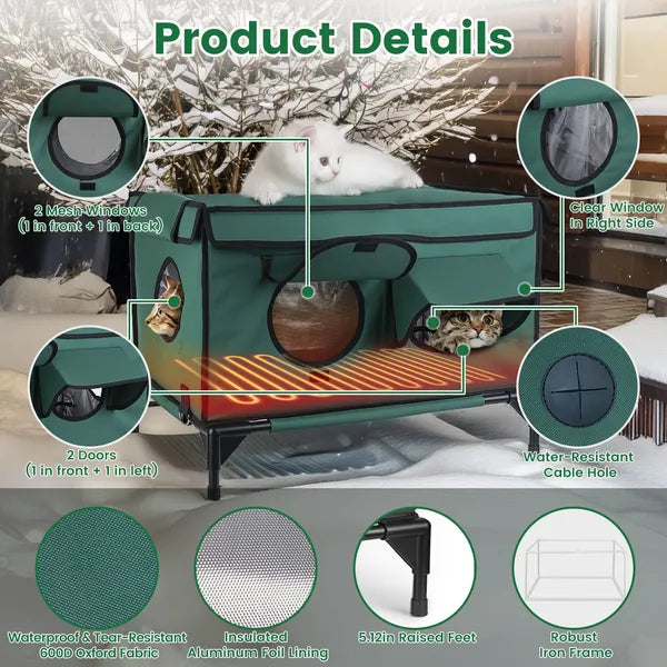 Heated cat house details: doors, windows, insulated lining and cable hole