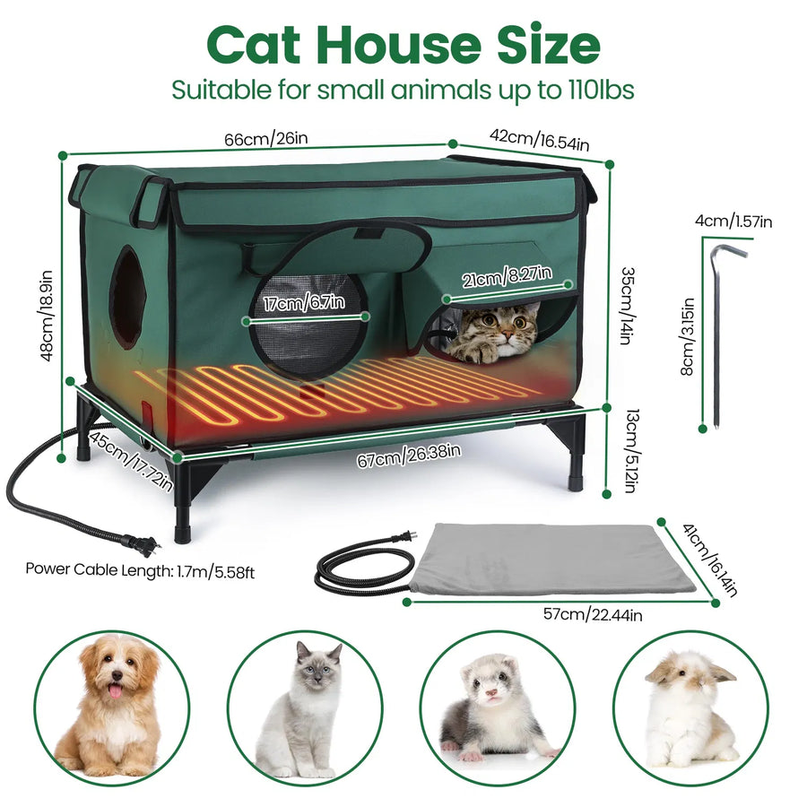 Dimensions: 26 x 16.5 x 13.8 in house, heated pad and 5.58 ft cord