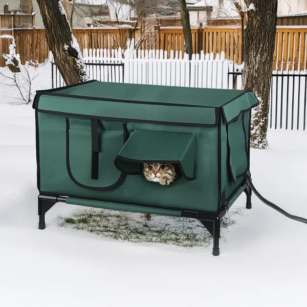 Raised cat shelter in the snow