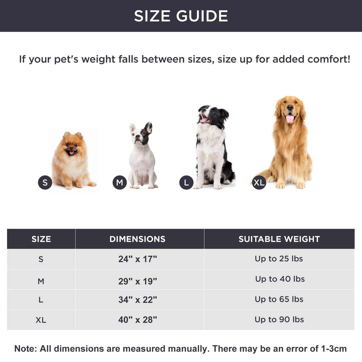 Size guide: S 24 x 17 in, M 29 x 19 in, L 34 x 22 in, XL 40 x 28 in