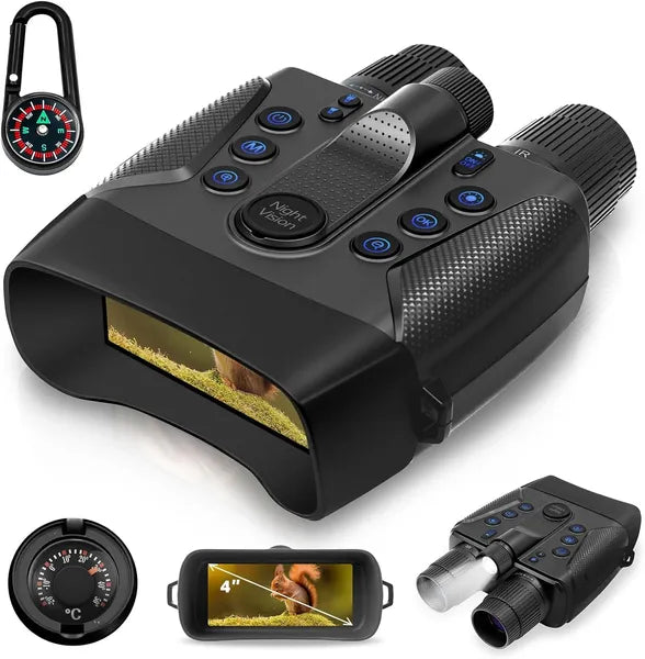 4K night vision binoculars with 4-inch screen, compass and accessories