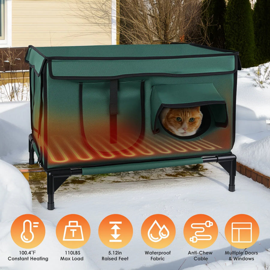 Heated cat house in snow with feature icons