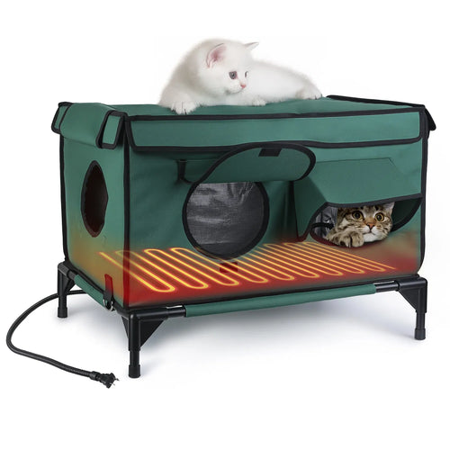 Cat resting on top of the raised heated cat house