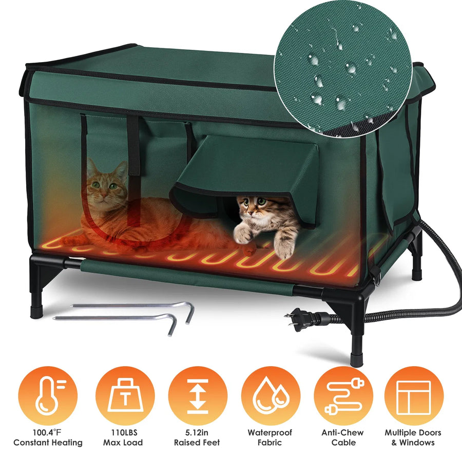 Heated cat house with feature icons