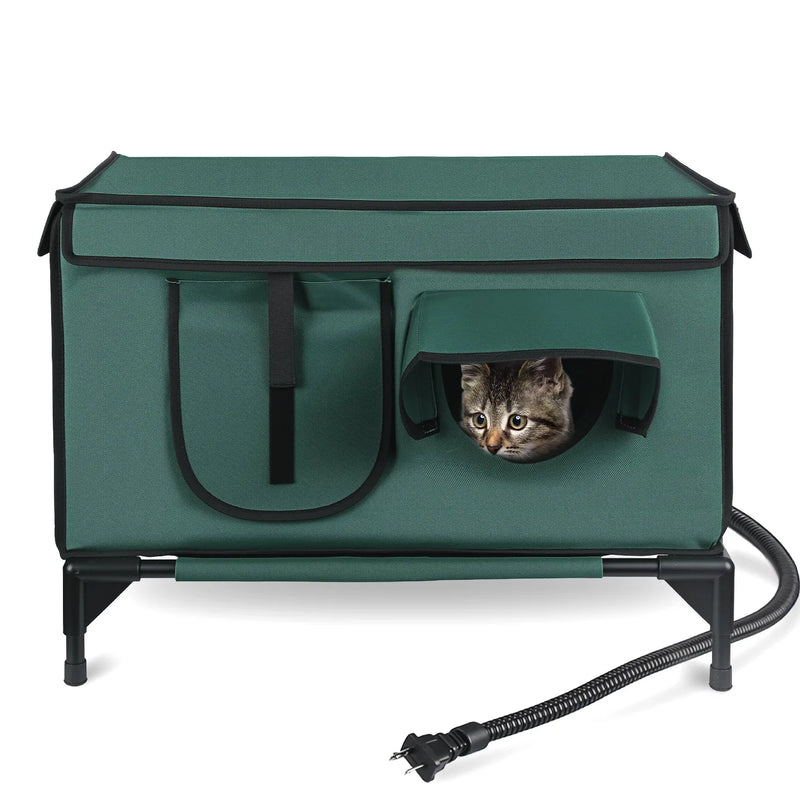 Heated Outdoor Cat House – Raised, Weatherproof, 2 Doors & 3 Windows